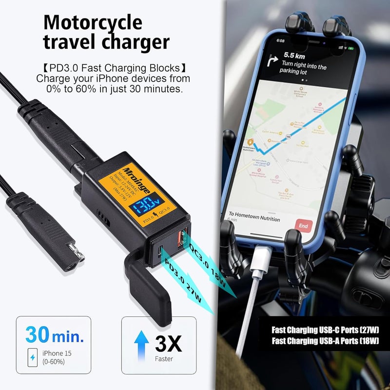 Mroinge Motorcycle USB-C Charger, SAE to USB Adapter, 27W Dual Port USB Fast Charger with Voltmeter/Ammeter and ON/Off Switch, Perfect for Phone, Tablet, GPS etc Charging - Image 2